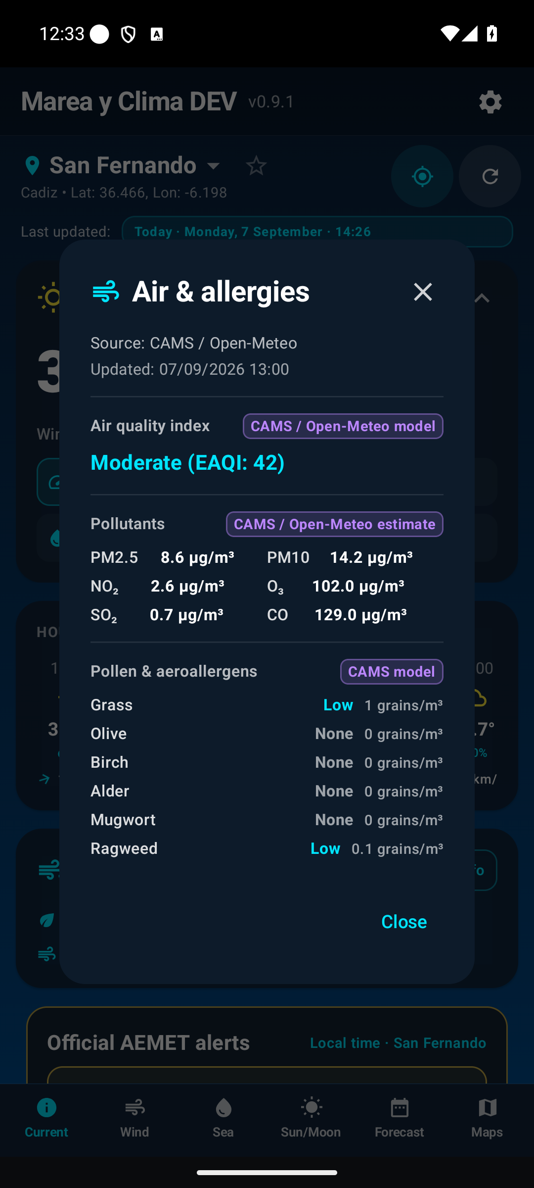 Air quality and allergy details.