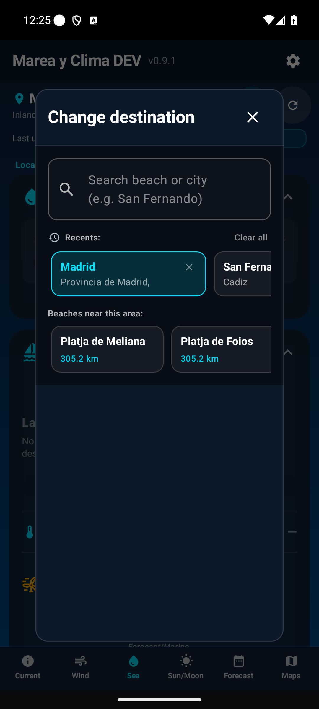 Town or beach selector.