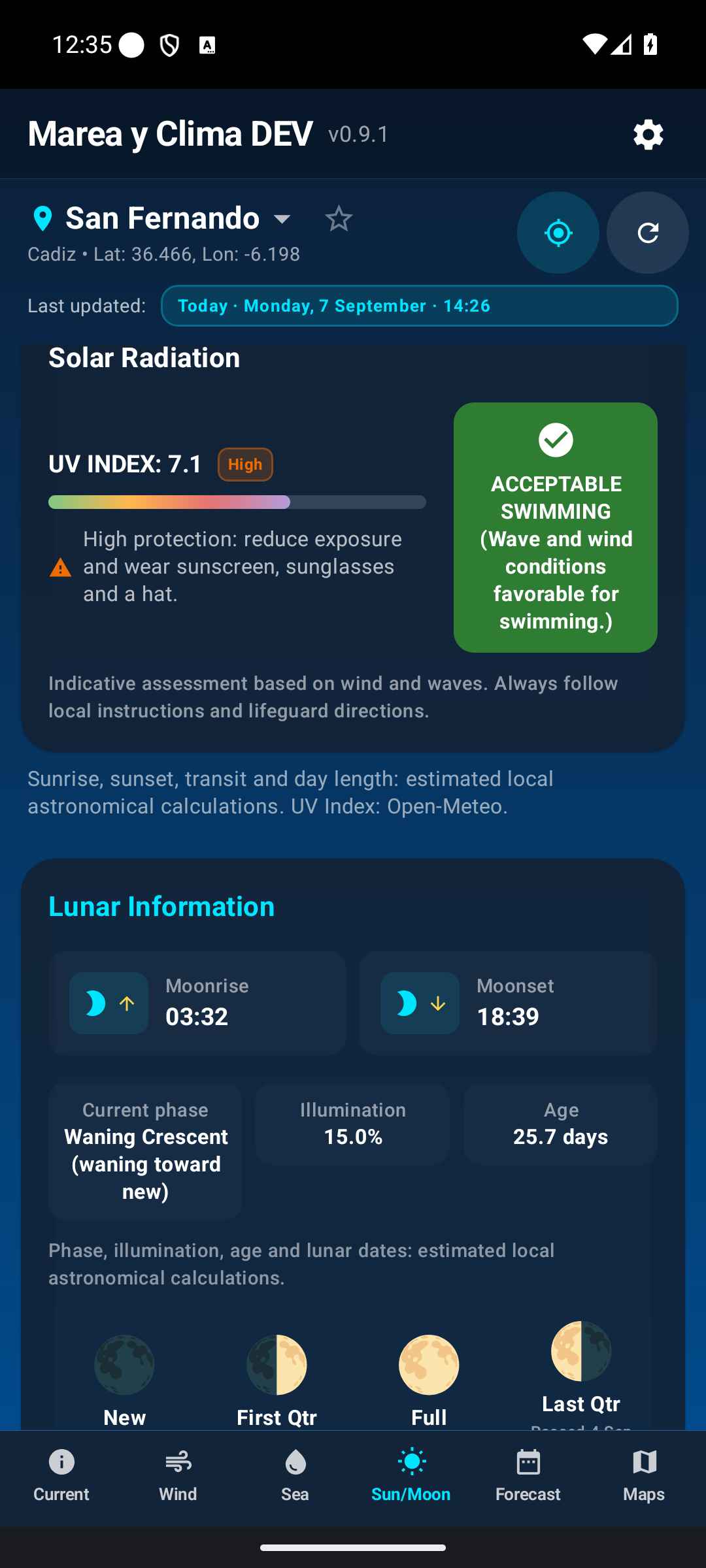 Moon phase and lunar data.