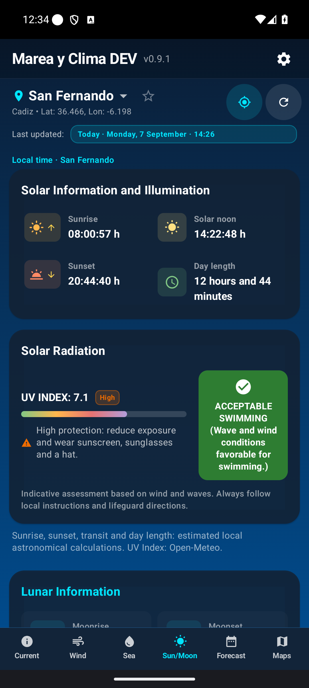 Solar information and UV index.