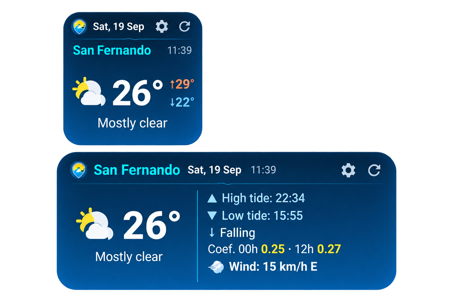Home screen widgets: Weather (2x2) and Sea and beach (4x2).
