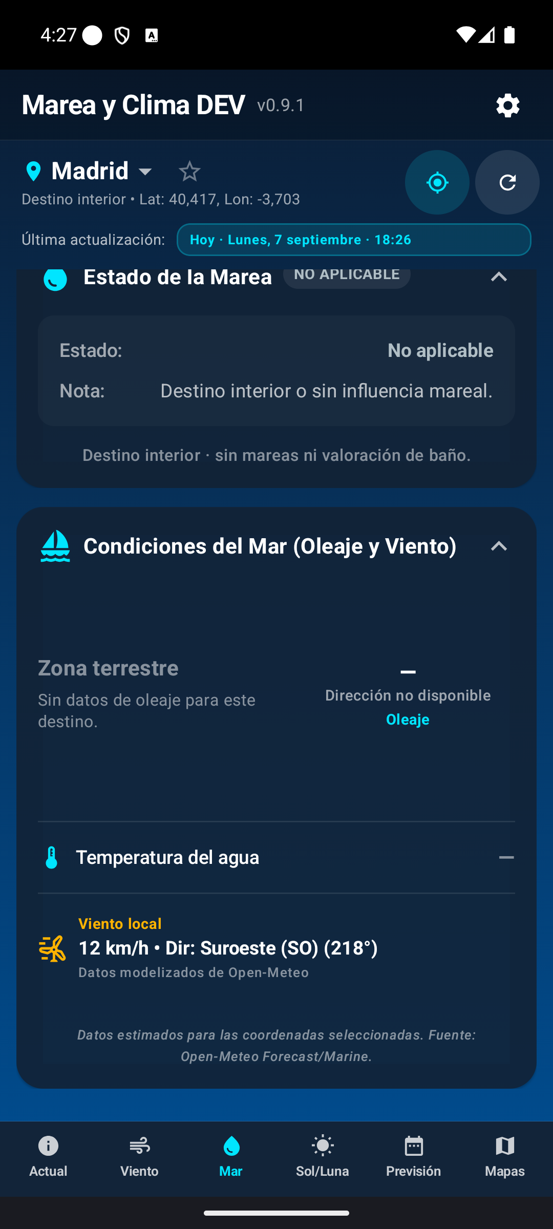 Estado de Mar en un destino interior.