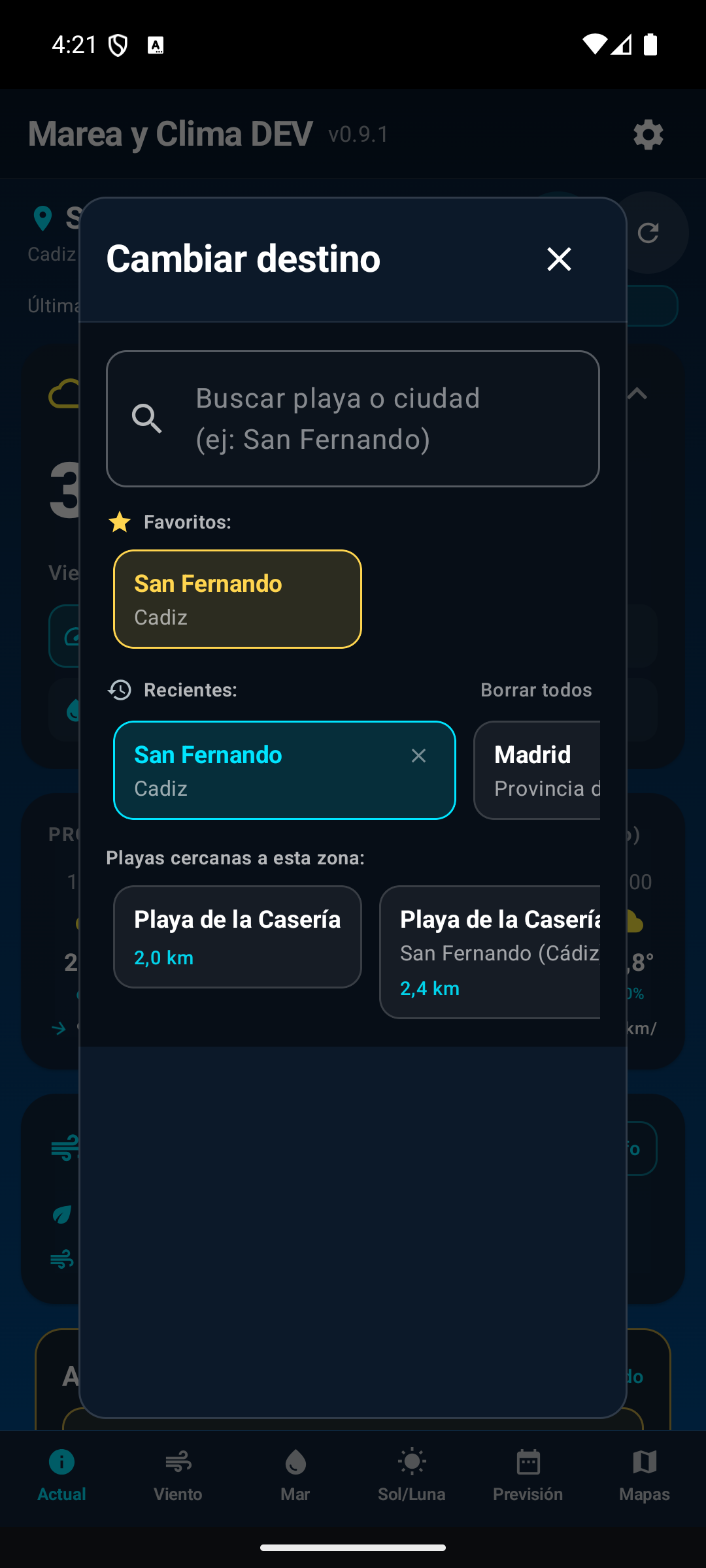 Selector de localidad o playa.