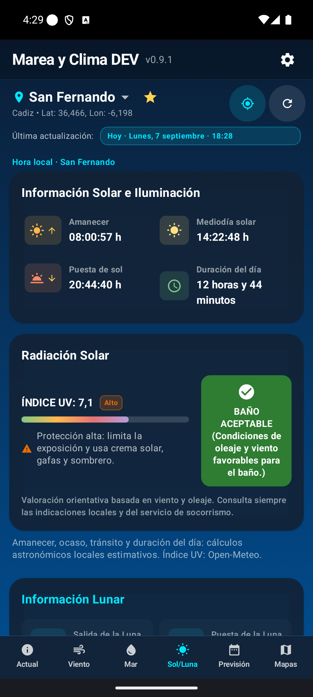 Información solar e índice UV.