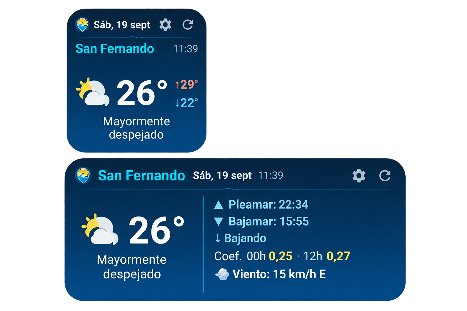 Widgets de pantalla de inicio: El Tiempo (2x2) y Mar y playa (4x2).