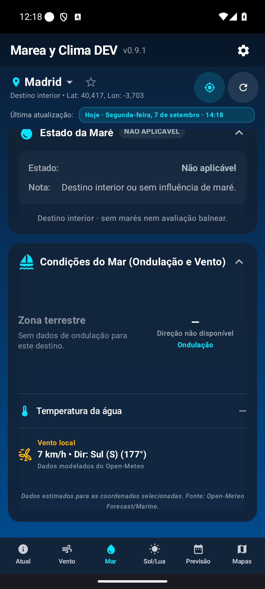 Estado do Mar num destino no interior.