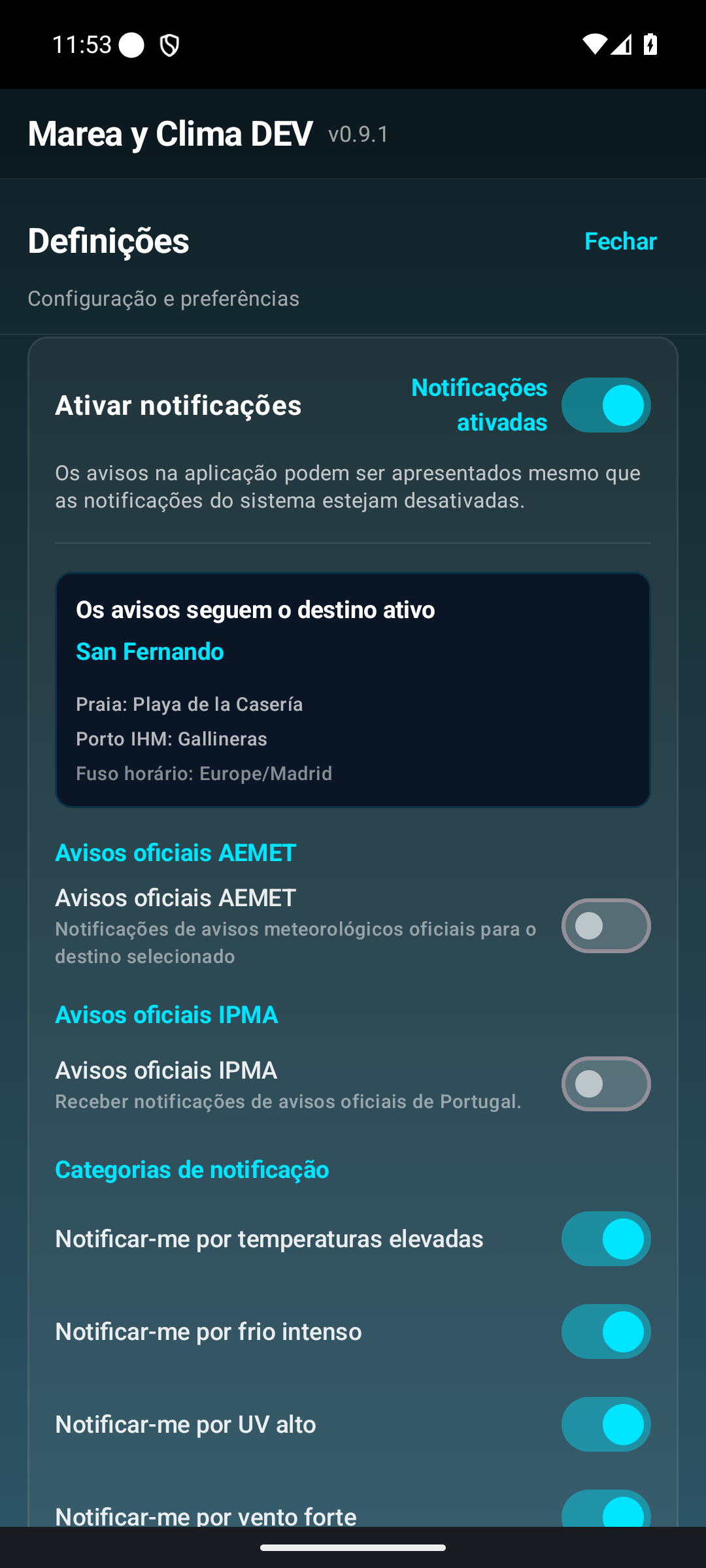Categorias de avisos.