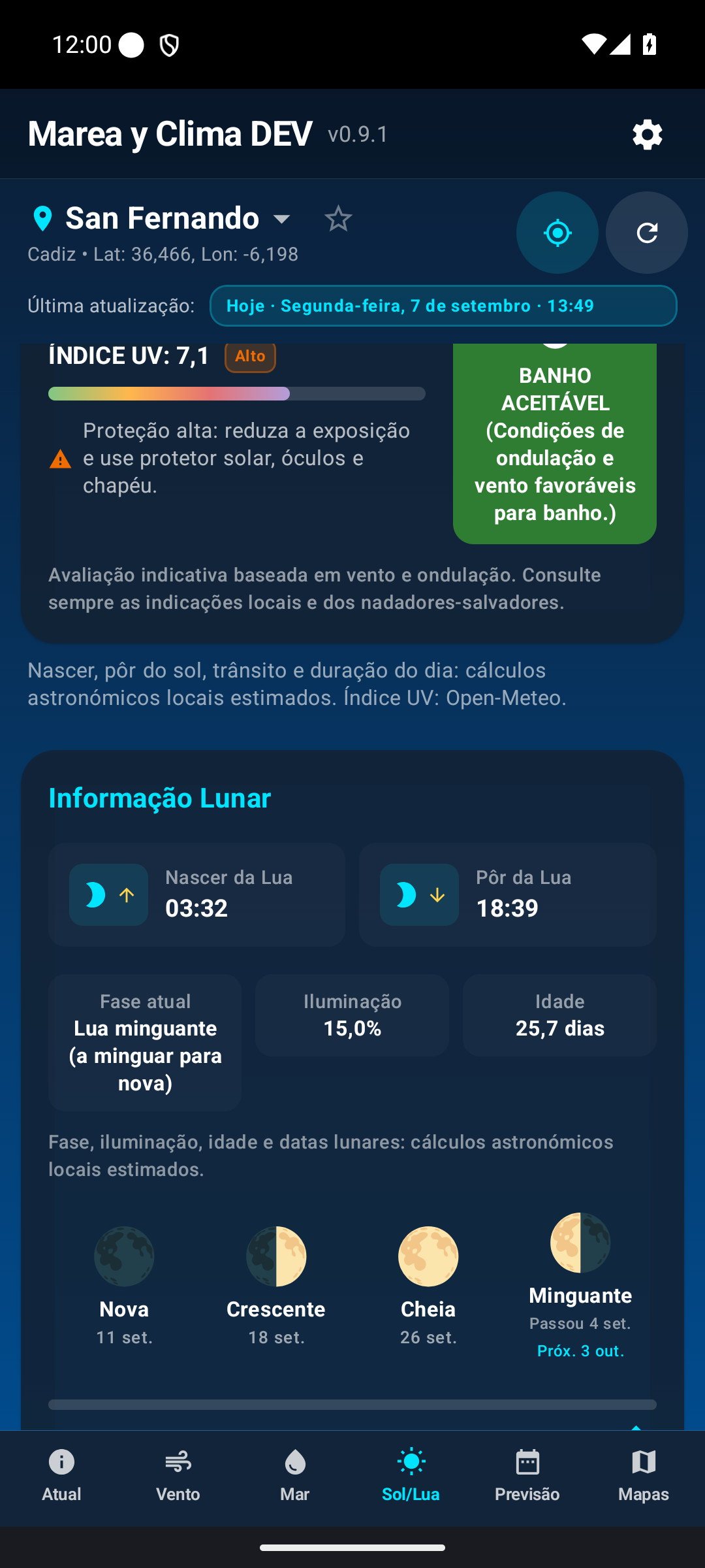 Fase e dados lunares.