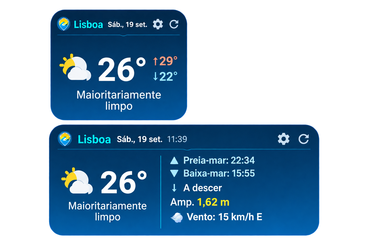 Widgets do ecrã inicial: O Tempo (2x2) e Mar e praia (4x2).