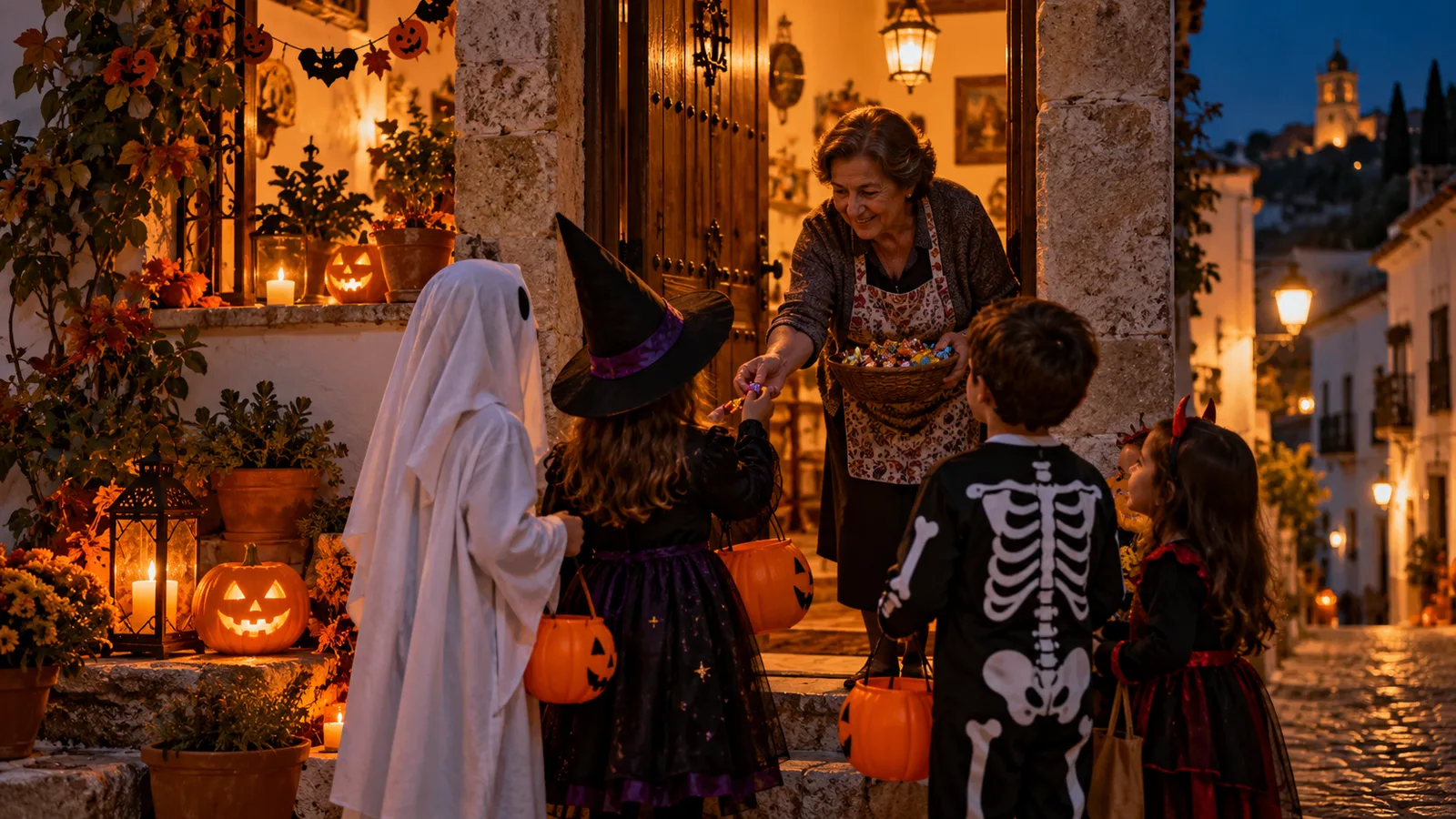 Niños disfrazados de Halloween recibiendo caramelos en la puerta de una casa tradicional española