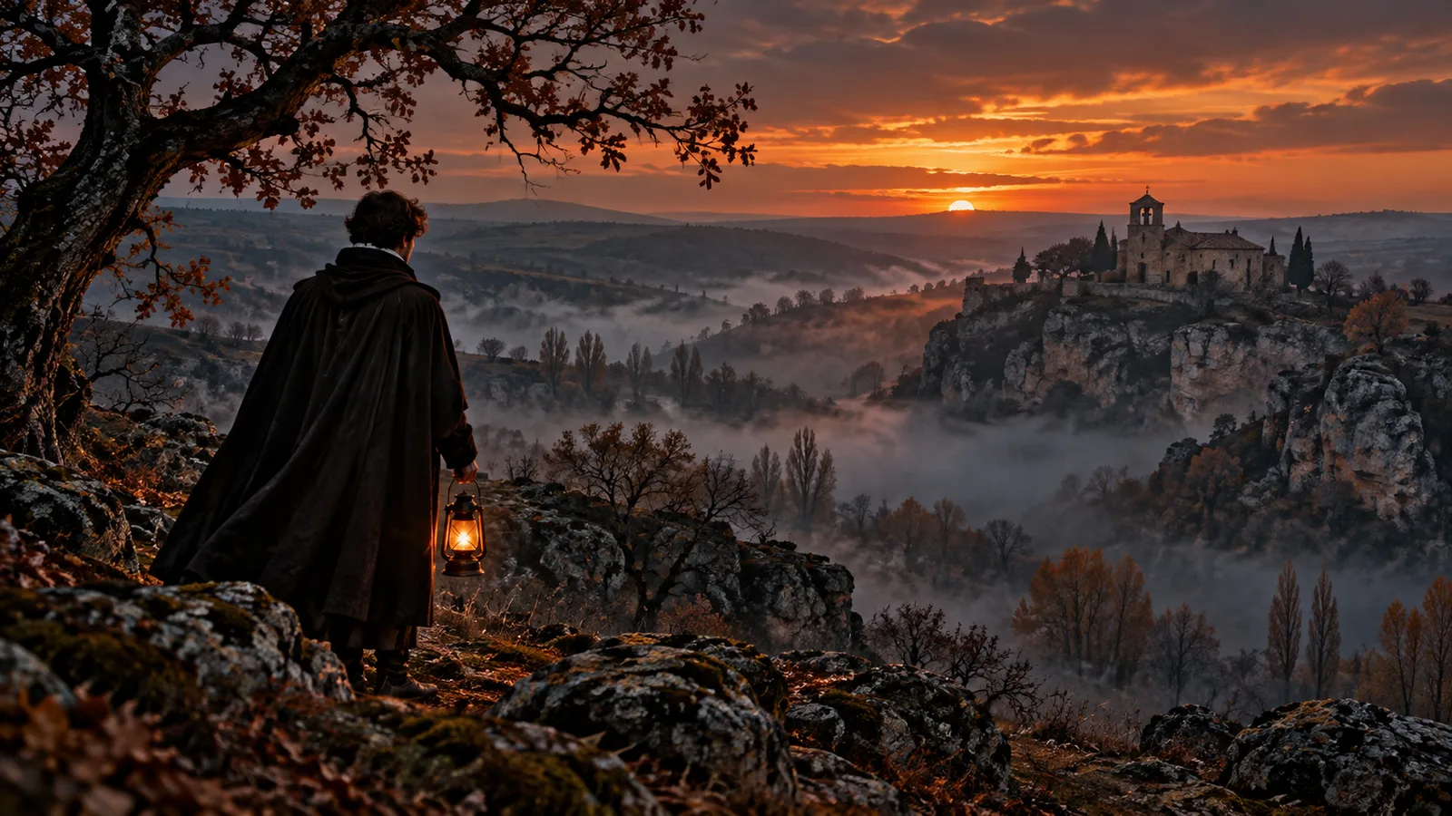 Figura solitaria contemplando un paisaje brumoso de Soria al atardecer, evocando la leyenda del Monte de las Ánimas