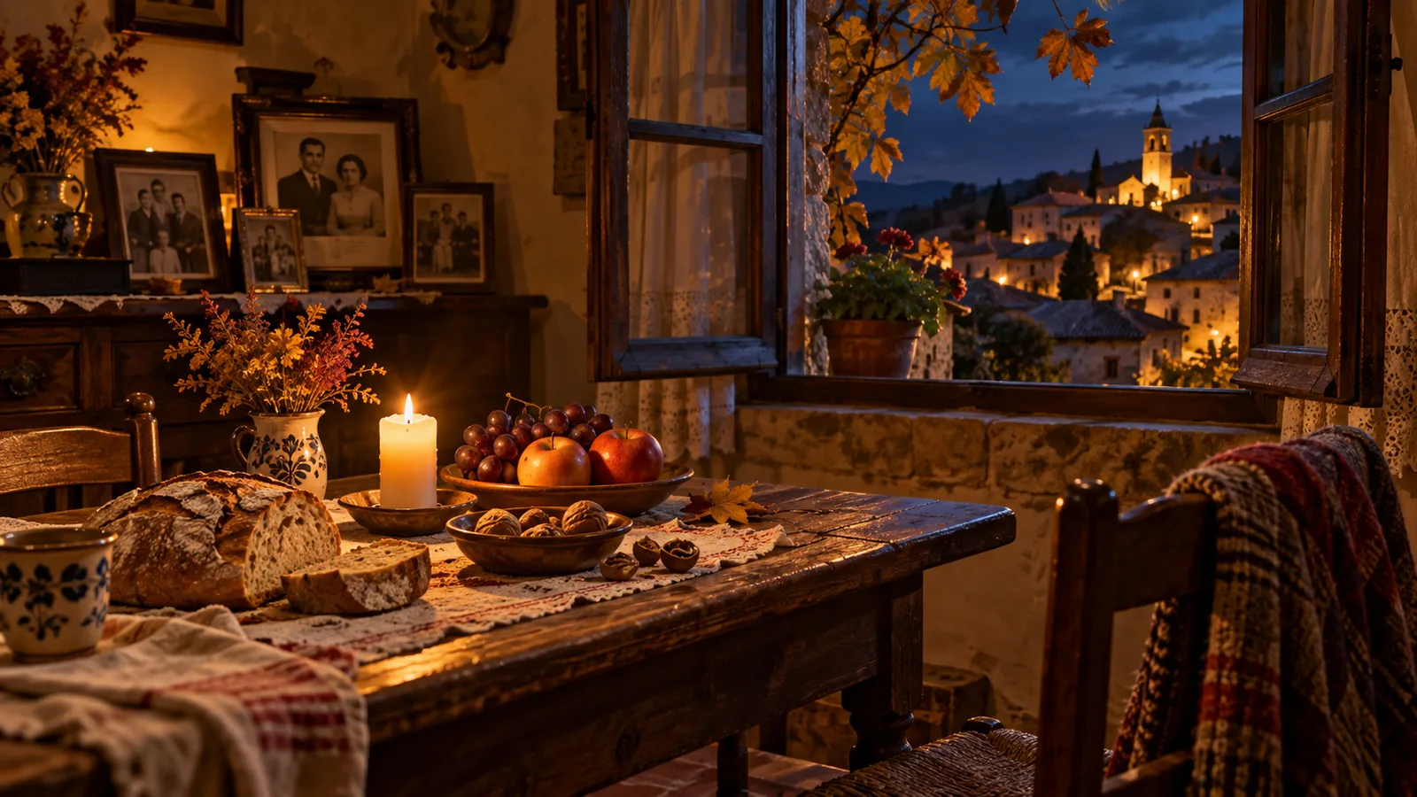 Mesa de una casa tradicional española con una vela encendida, pan, fruta y recuerdos familiares durante la noche de Difuntos