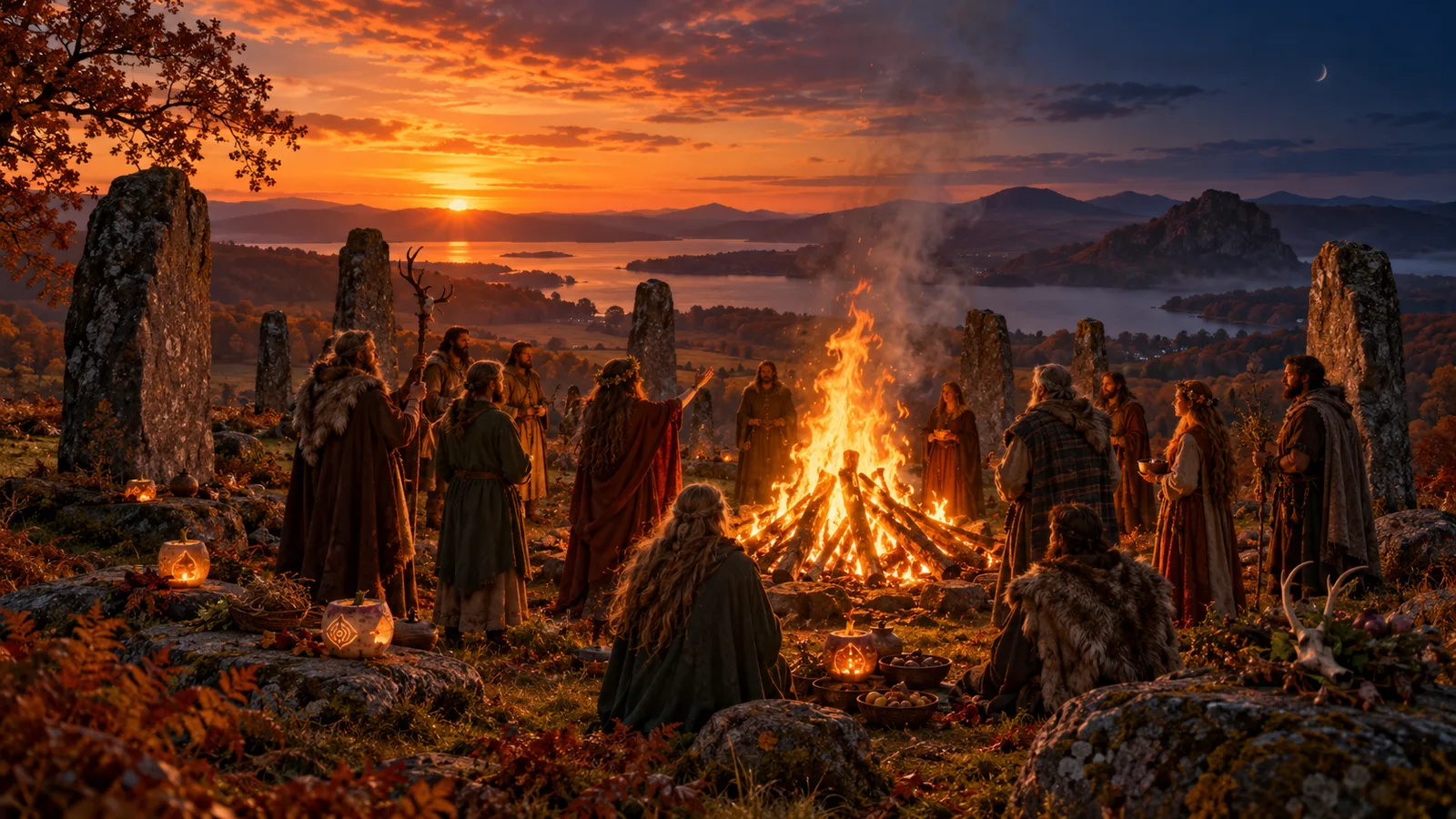 Recreación artística de una celebración de Samhain alrededor de una gran hoguera al atardecer