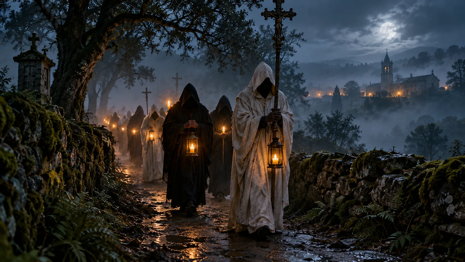 Representación de la Santa Compaña avanzando con velas por un camino gallego entre niebla y muros de piedra