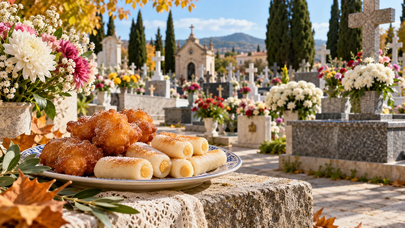 Flores de cementerio junto a huesos de santo y buñuelos en una escena tradicional de Todos los Santos