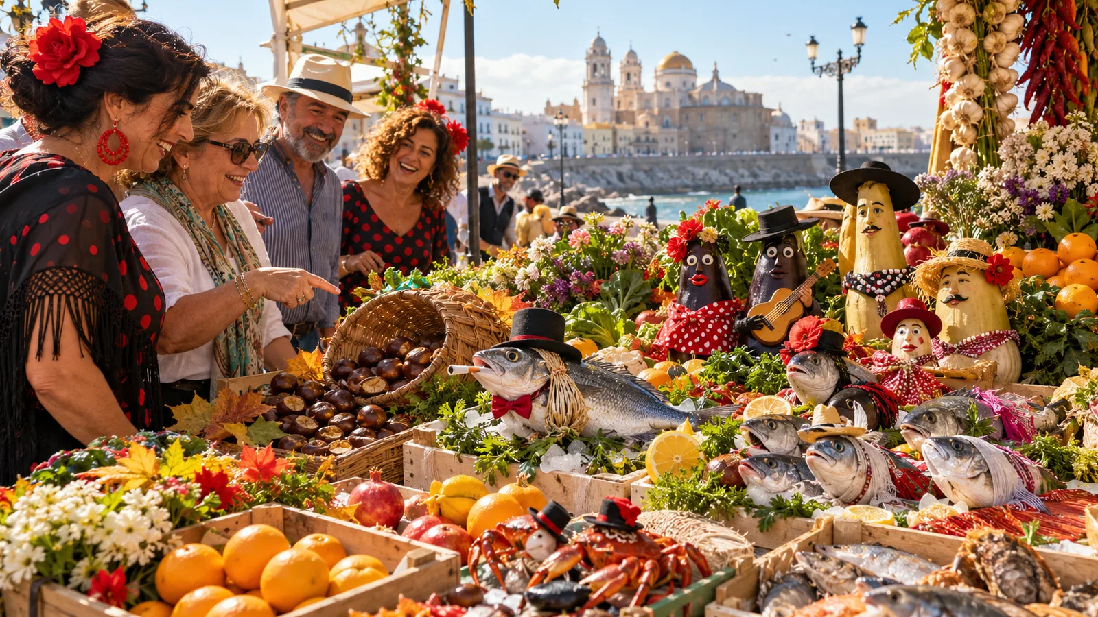 Puesto de Tosantos en un ambiente gaditano, con pescados, mariscos, frutas y verduras convertidos en personajes humorísticos