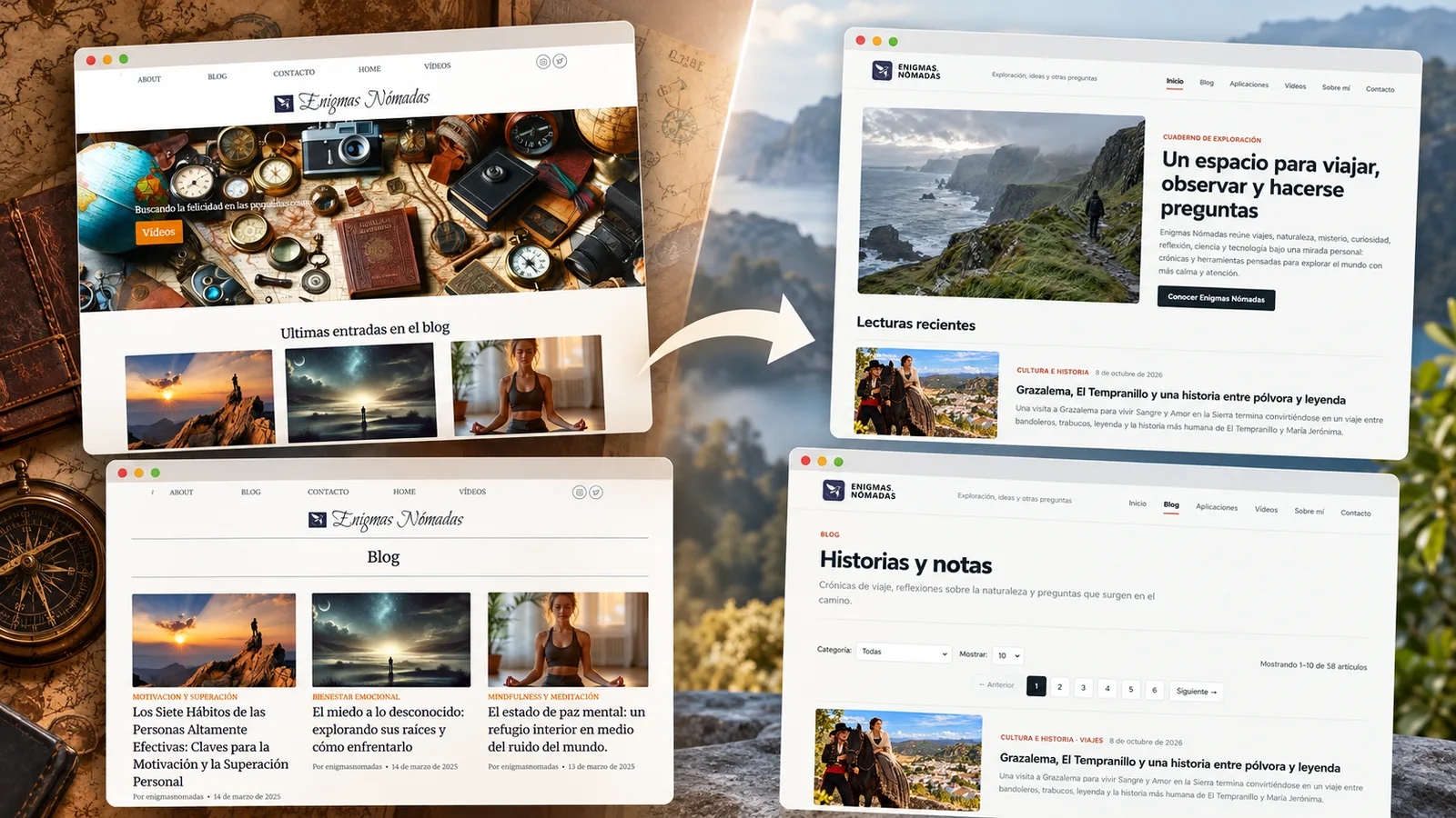 Comparación entre el diseño antiguo de Enigmas Nómadas en WordPress y la nueva web construida con Astro.