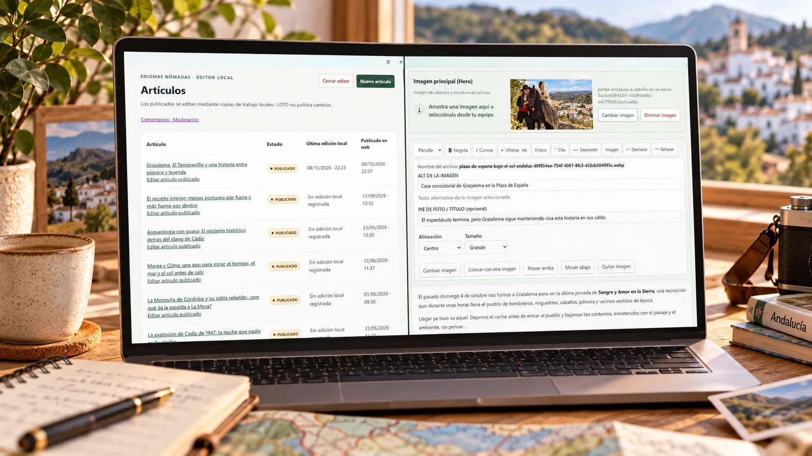 Portátil mostrando el editor local de Enigmas Nómadas, con el listado de artículos y las herramientas para editar textos e imágenes.