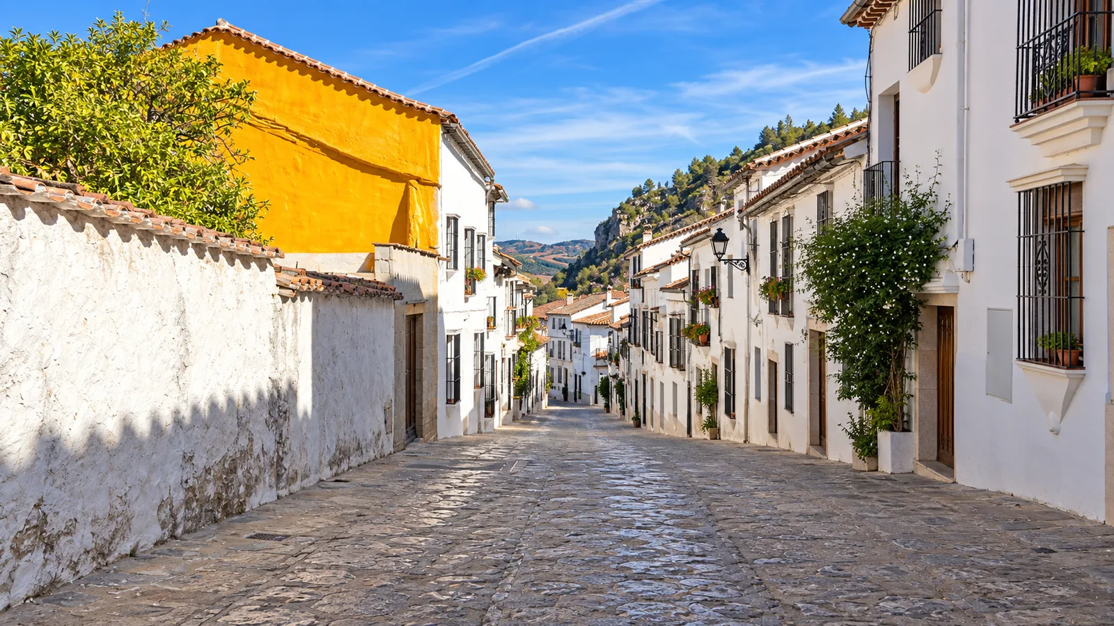 Cuesta de una calle de Grazalema, con casas blancas y vista de la sierra al fondo