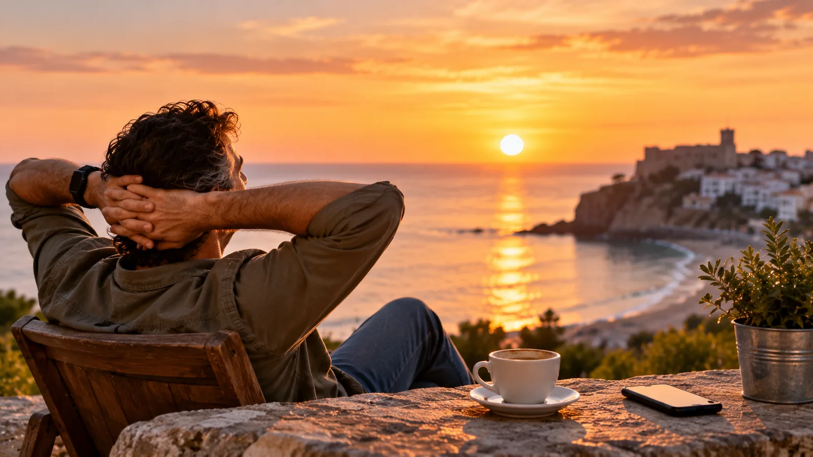 Un hombre contempla tranquilamente el atardecer junto al mar, con una taza de café y el teléfono móvil apartado, disfrutando del momento sin prisas.