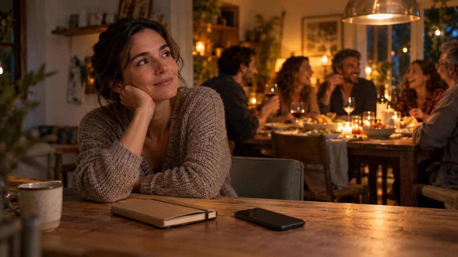 Una mujer recuerda con una sonrisa una cena compartida con amigos, mientras un cuaderno y un teléfono descansan sobre la mesa.