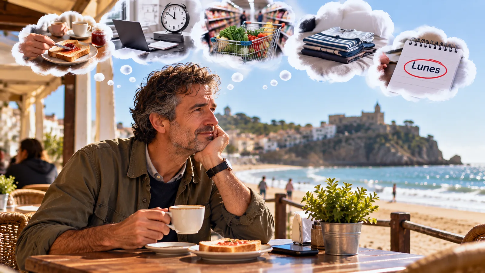 Un hombre desayuna en una terraza frente al mar mientras imagina las tareas, compras y obligaciones que le esperan durante los próximos días.