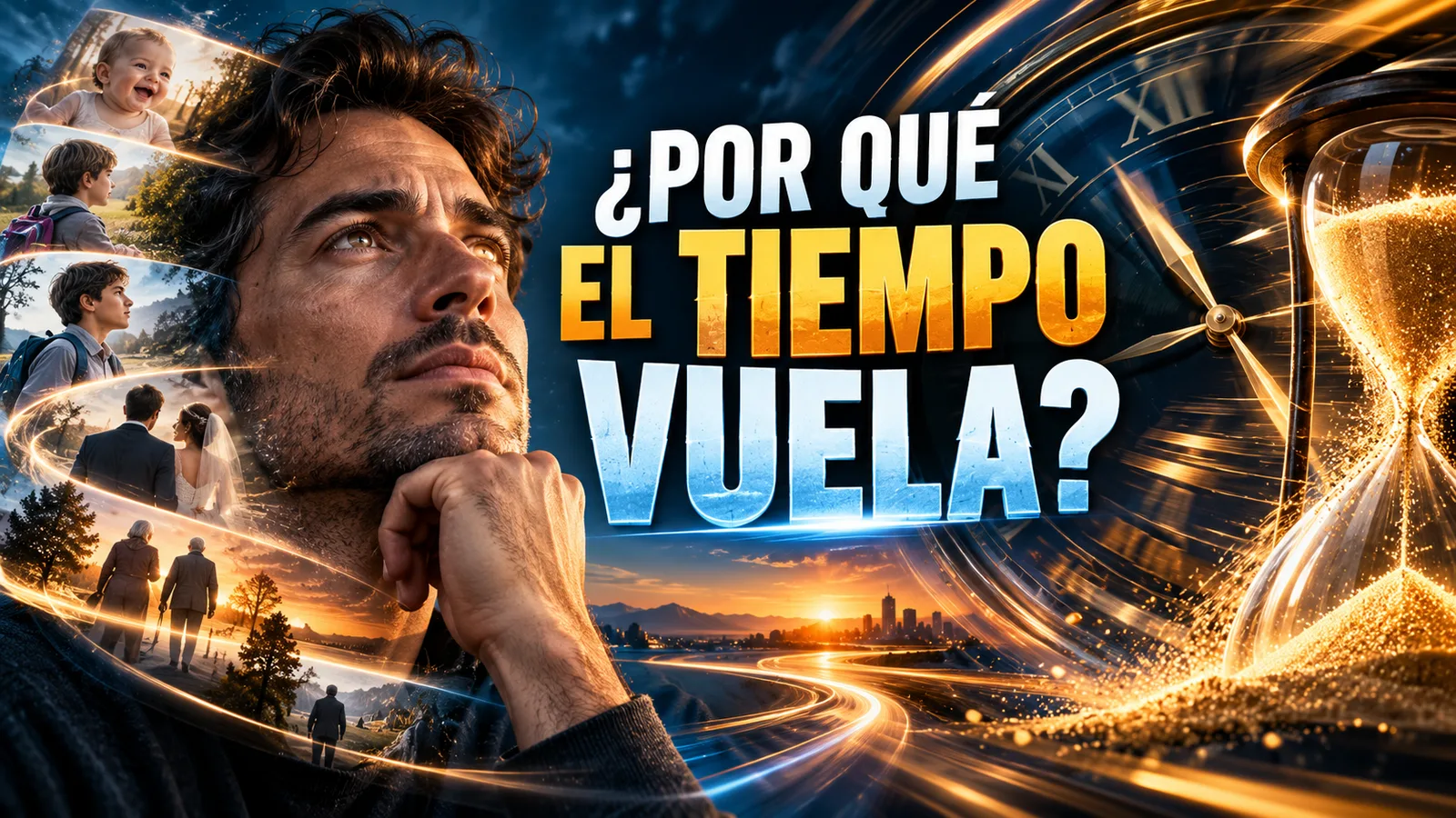 Miniatura del documental de Enigmas Nómadas sobre por qué sentimos que el tiempo pasa cada vez más rápido, con un reloj de arena y recuerdos de distintas etapas de la vida.