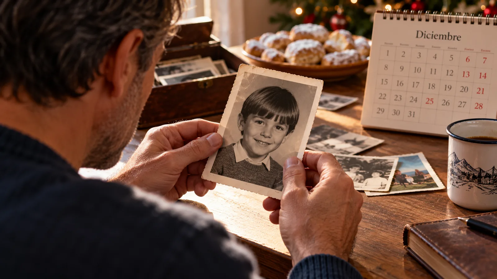 Un hombre contempla una antigua fotografía en blanco y negro de un niño con flequillo, rodeado de recuerdos y un calendario de diciembre.
