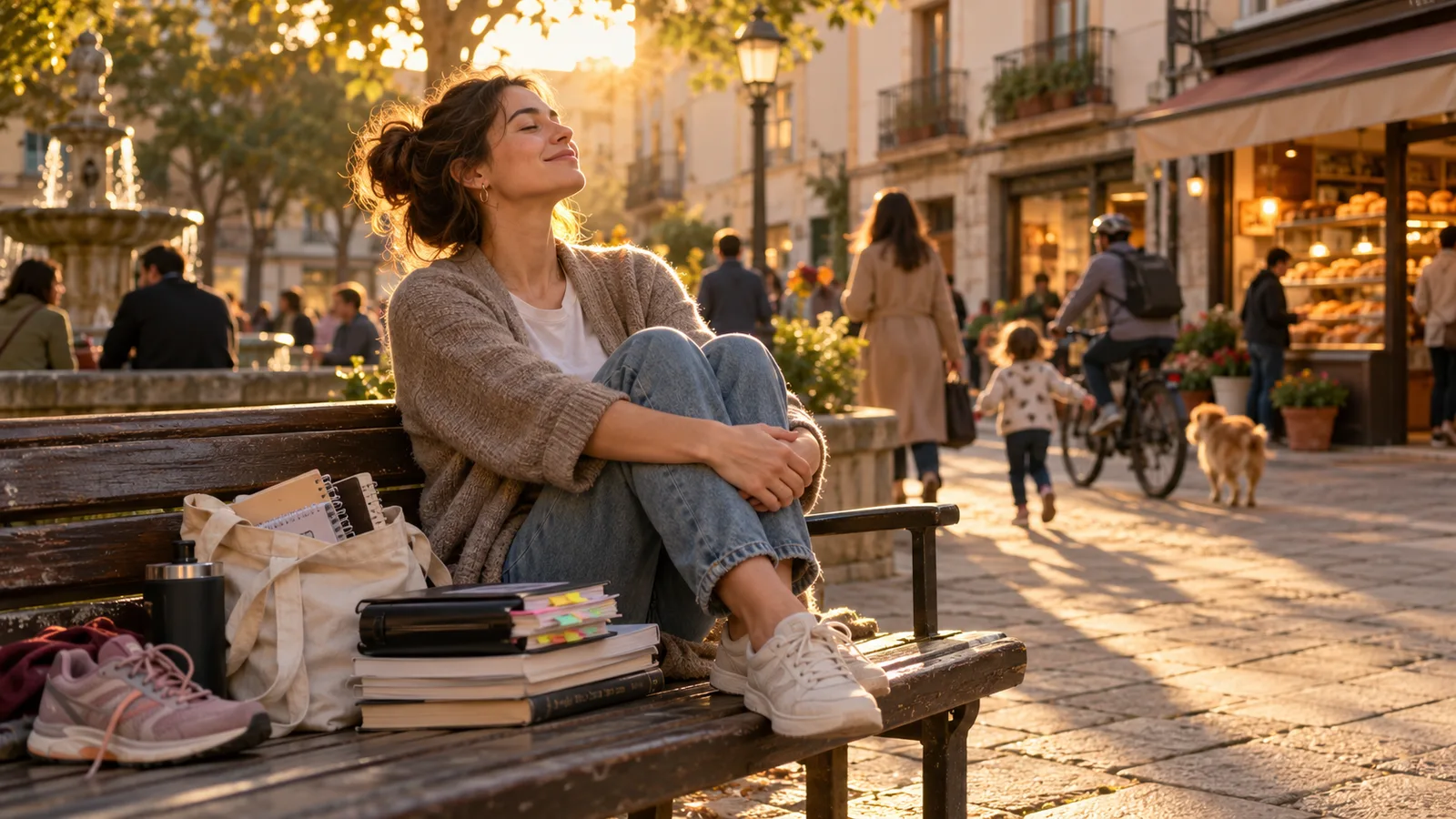 Una mujer descansa tranquilamente en un banco de una plaza al atardecer, rodeada de libros y objetos cotidianos, mientras observa la vida pasar sin mirar el móvil.