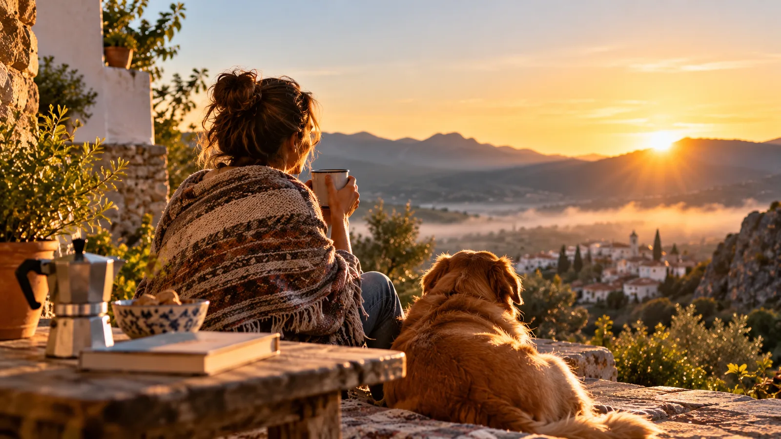 Mujer sentada junto a su perro en una terraza de piedra, disfrutando de una taza caliente mientras contempla un valle y un pueblo iluminados por el amanecer.