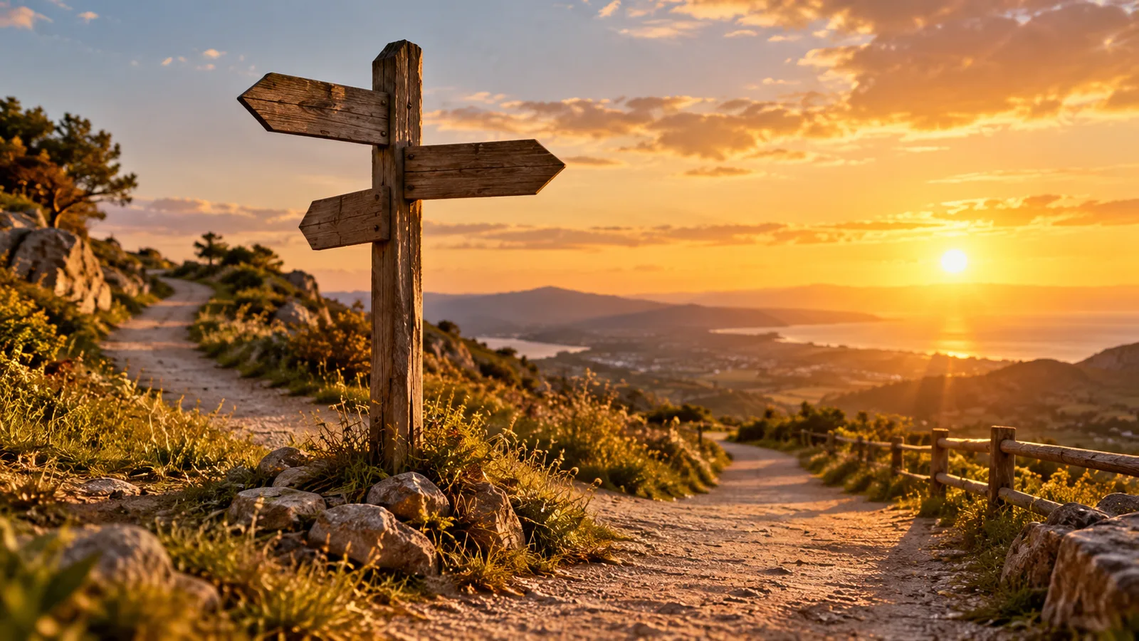 La vida nos presenta distintos caminos. No siempre sabemos adónde nos llevarán, pero siempre quedan horizontes por descubrir Cruce de senderos de piedra con un poste de madera sin inscripciones, entre montañas y vegetación, iluminado por la luz dorada del atardecer.