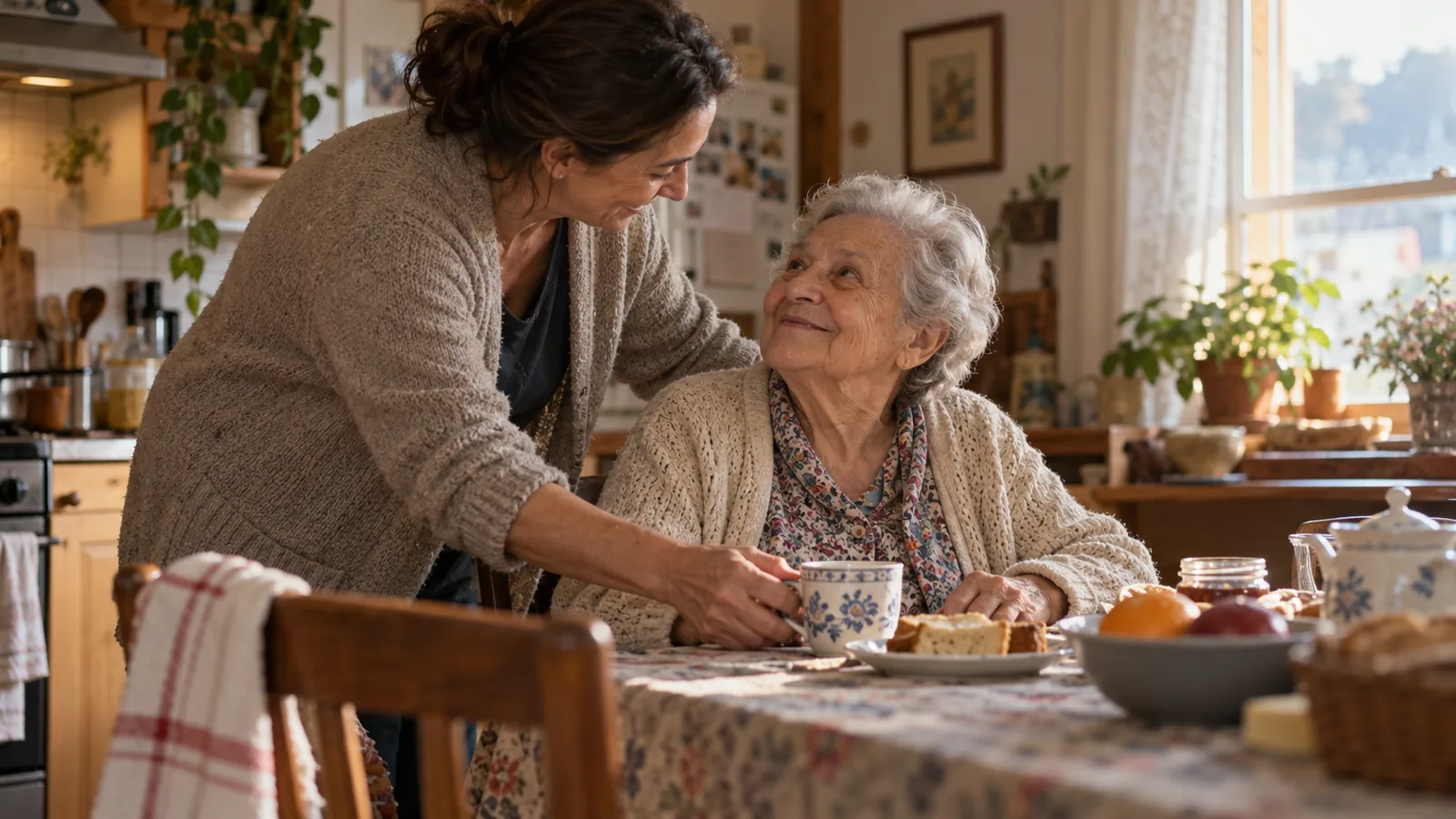 Mujer sirviendo una taza a una persona mayor en una cocina acogedora, en un momento de cuidado y cariño cotidiano.