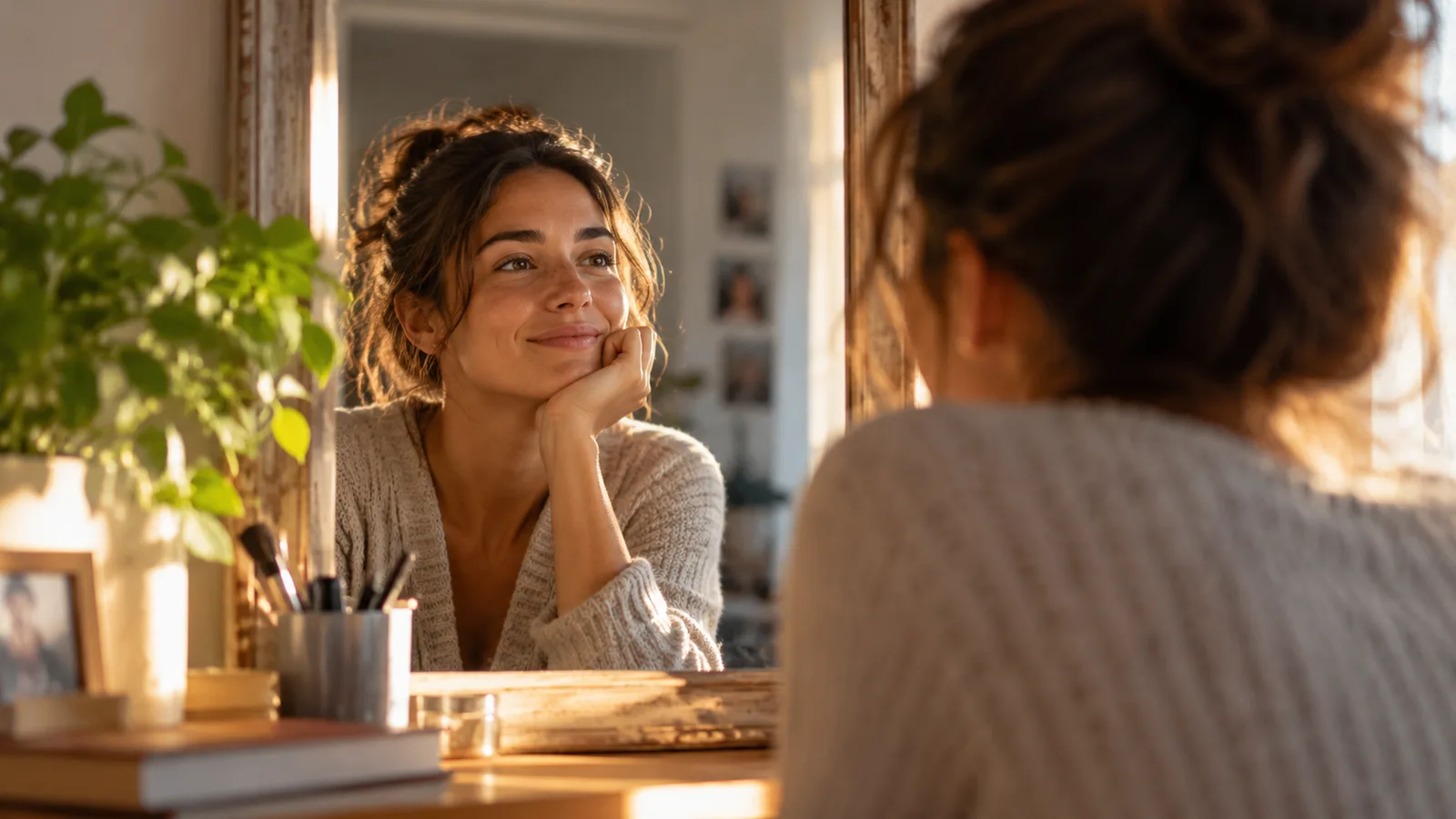 Mujer contemplando su reflejo en el espejo con una sonrisa discreta, en una habitación iluminada por la luz de la mañana.