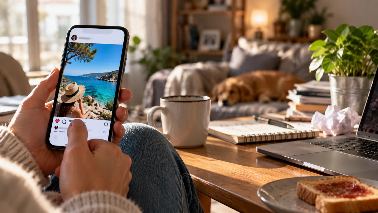Una persona observa en su móvil una fotografía de vacaciones paradisíacas, mientras a su alrededor se ve una sala de estar con objetos cotidianos, una taza de café y un perro descansando.