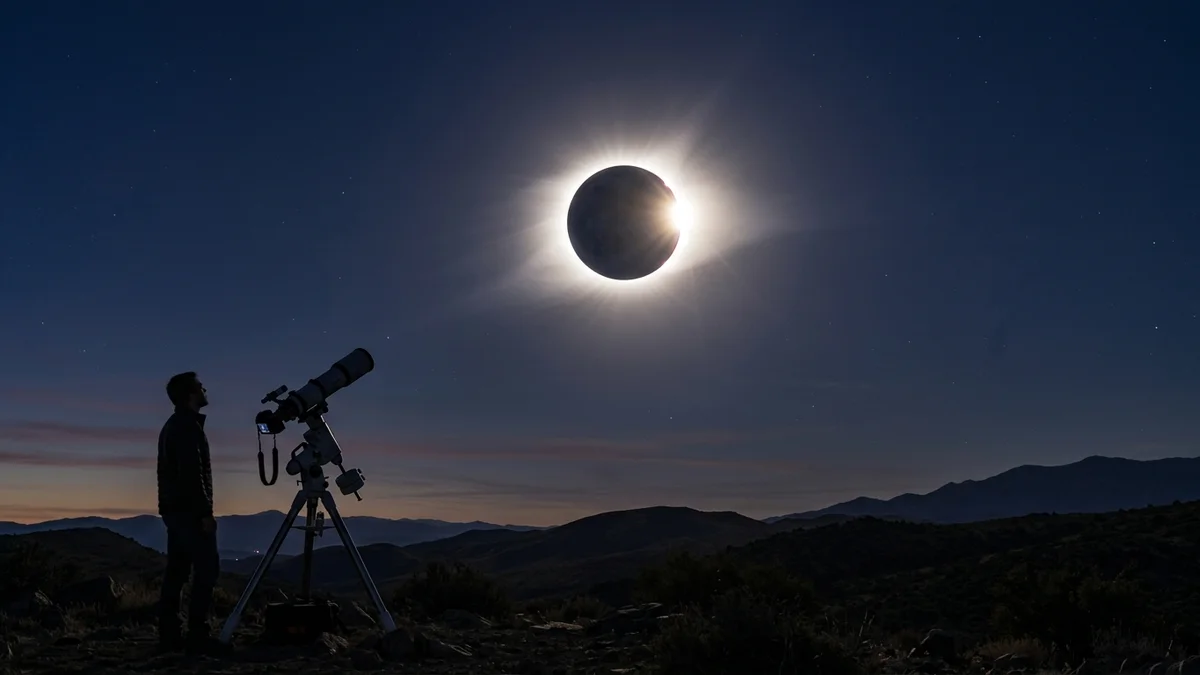 Observación astronómica del eclipse total de Sol con telescopio y corona solar