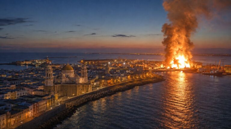Recreación de la explosión de Cádiz de 1947 junto al puerto de la ciudad