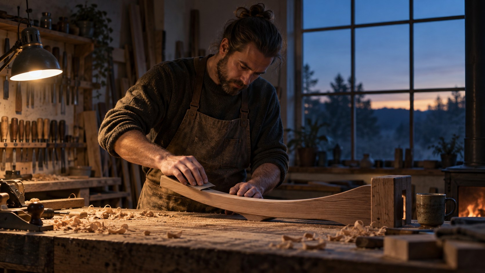 Artesano trabajando en silencio y con constancia antes del amanecer